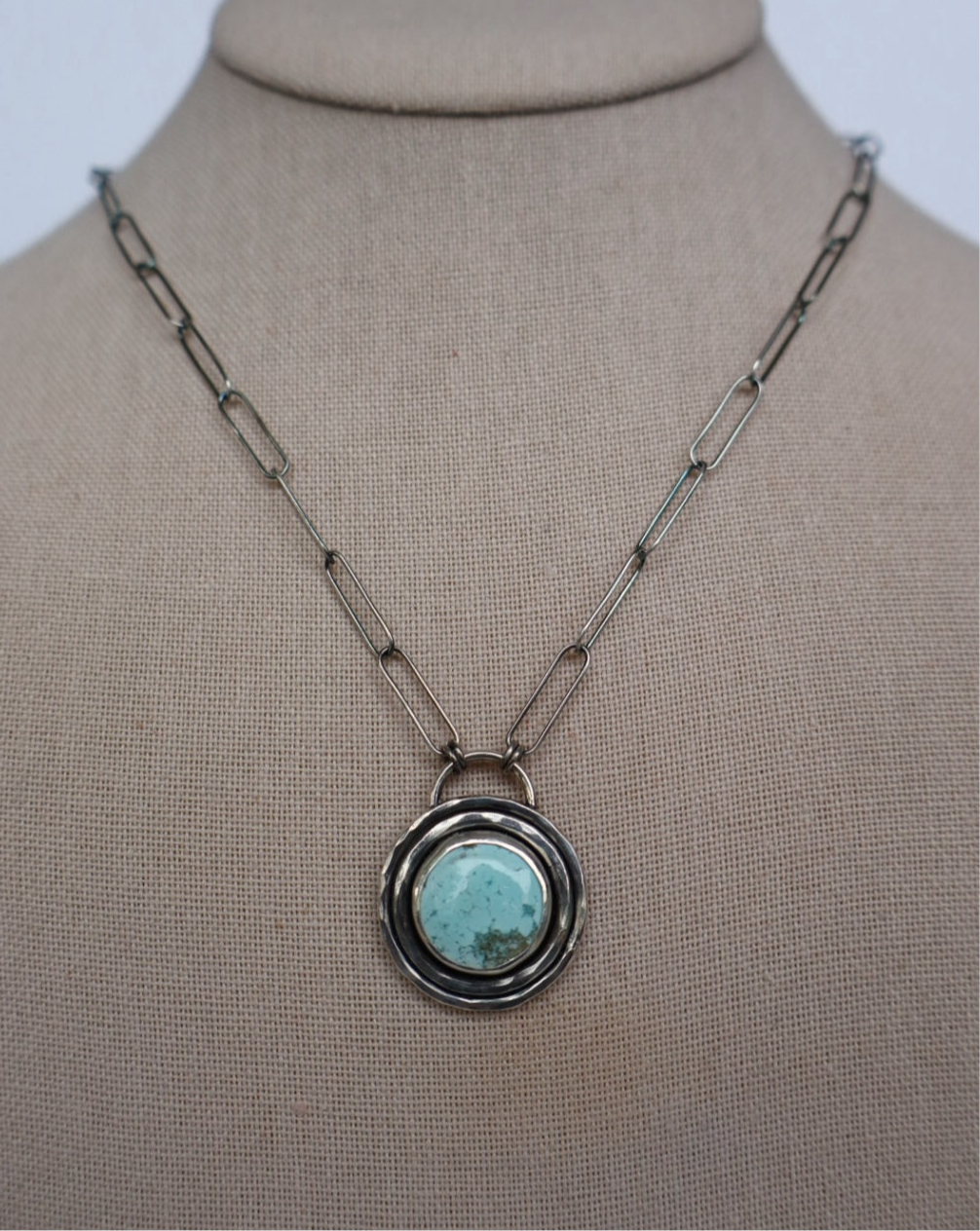 Round Faint Blue Turquoise Pendant • Oxidized Paperclip Chain