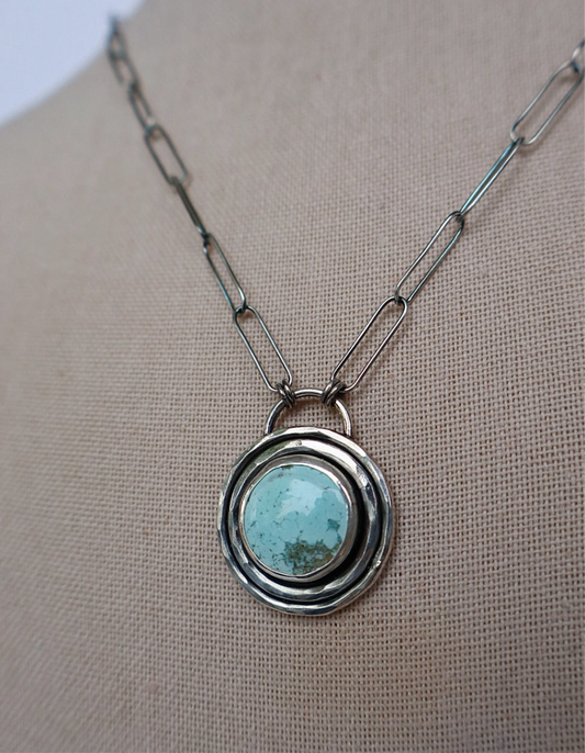 Round Faint Blue Turquoise Pendant • Oxidized Paperclip Chain
