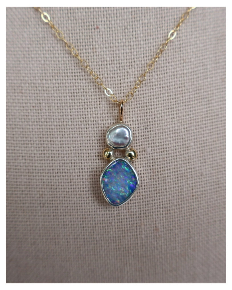 Opal & Mini Pearl Pendant with 10K Gold Granules
