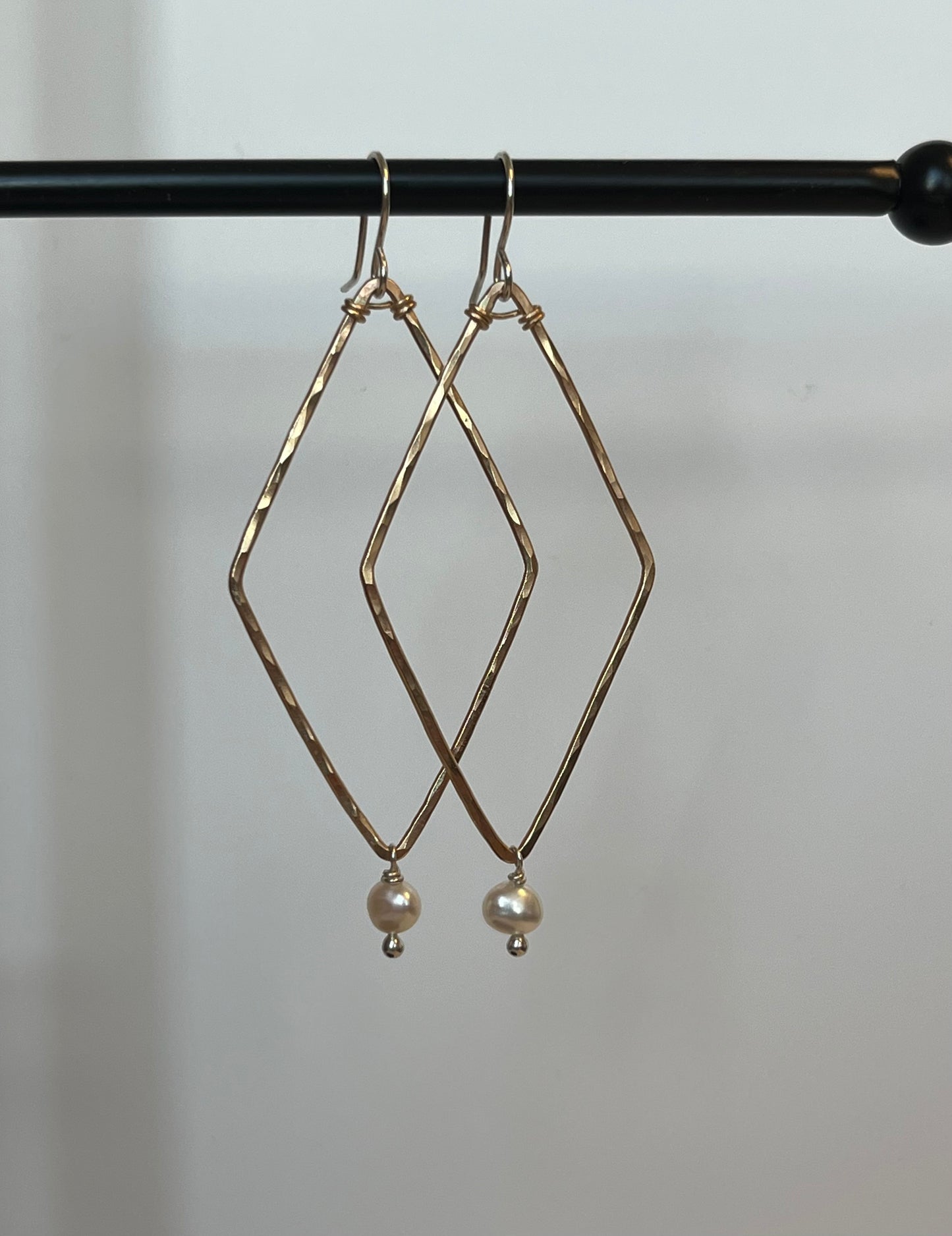 Large Gold Hammered Diamond & Pearl Earrings