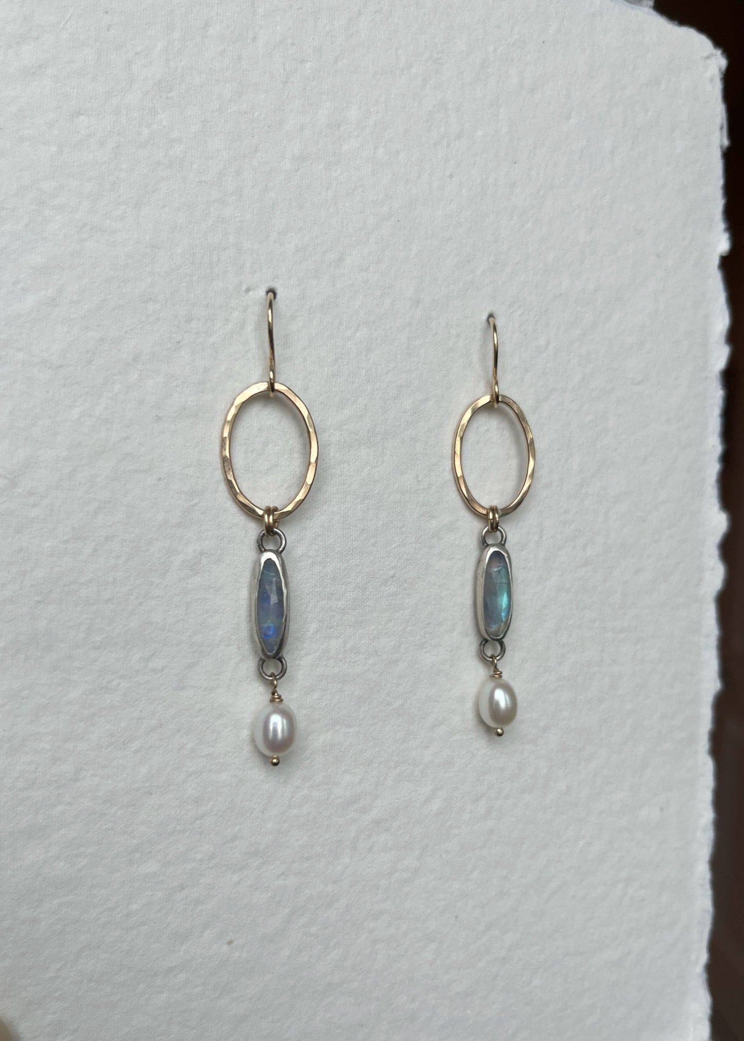 Gold Hammered Ovals with Moonstone & Pearls