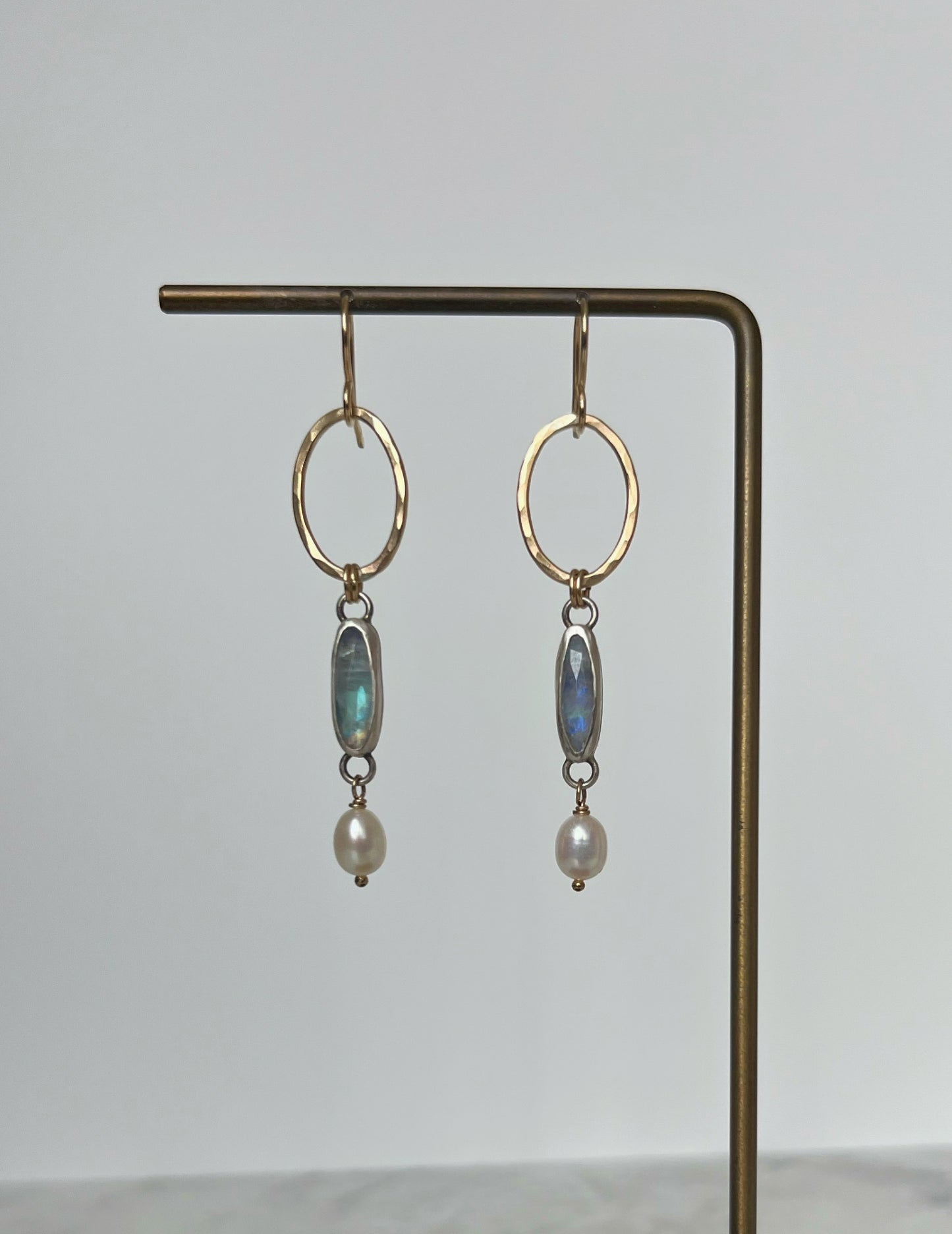 Gold Hammered Ovals with Moonstone & Pearls