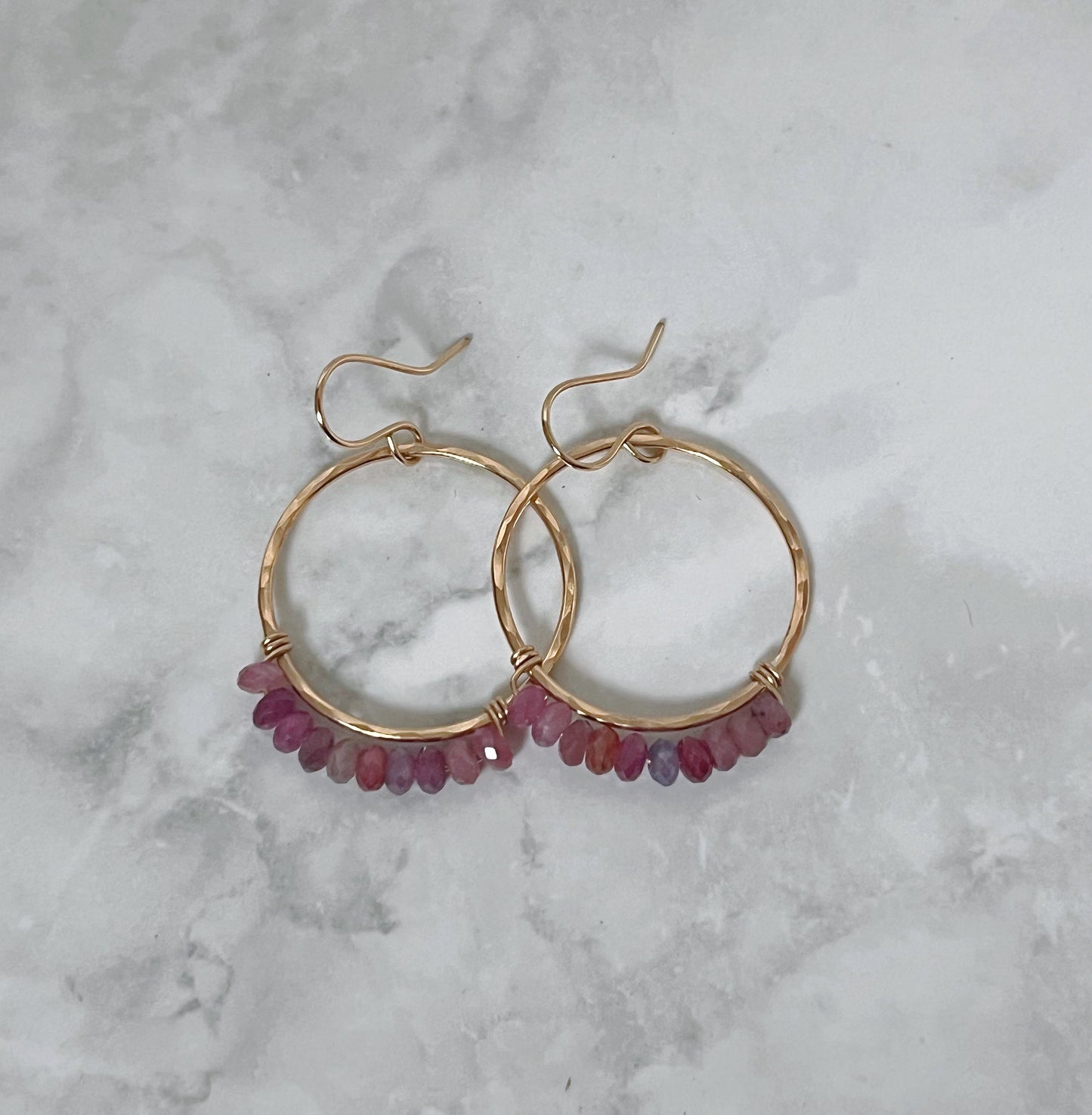 Medium Ruby Hammered Gold Hoops