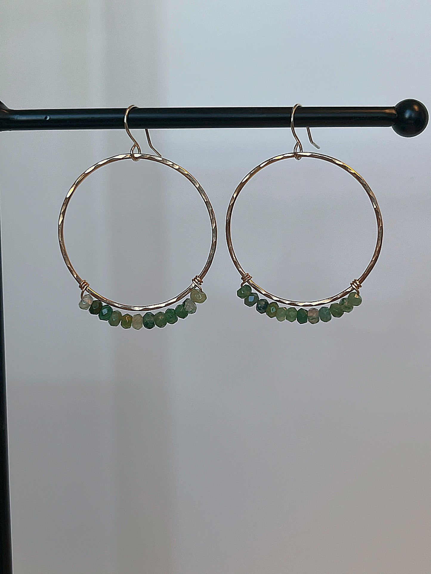 Large Gold Hammered Hoops + Moss Agate