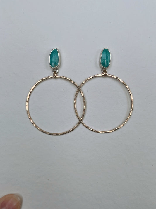 Turquoise Stud -Gold Hammer Hoops