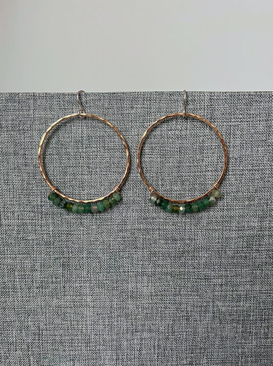 Large Gold Hammered Hoops + Moss Agate