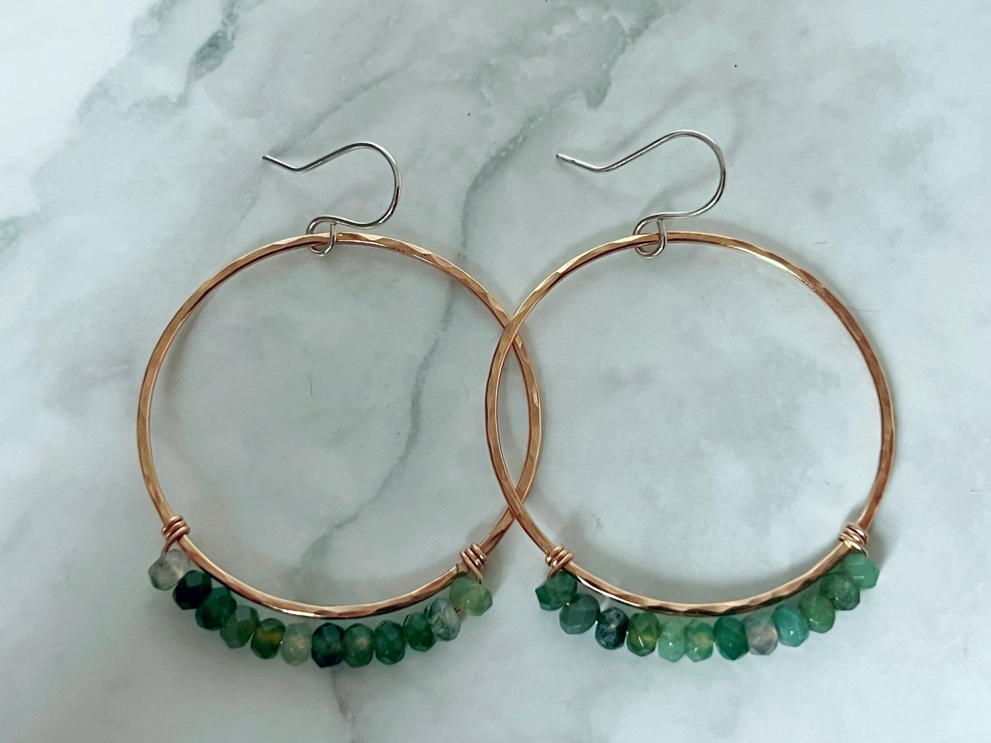 Large Gold Hammered Hoops + Moss Agate