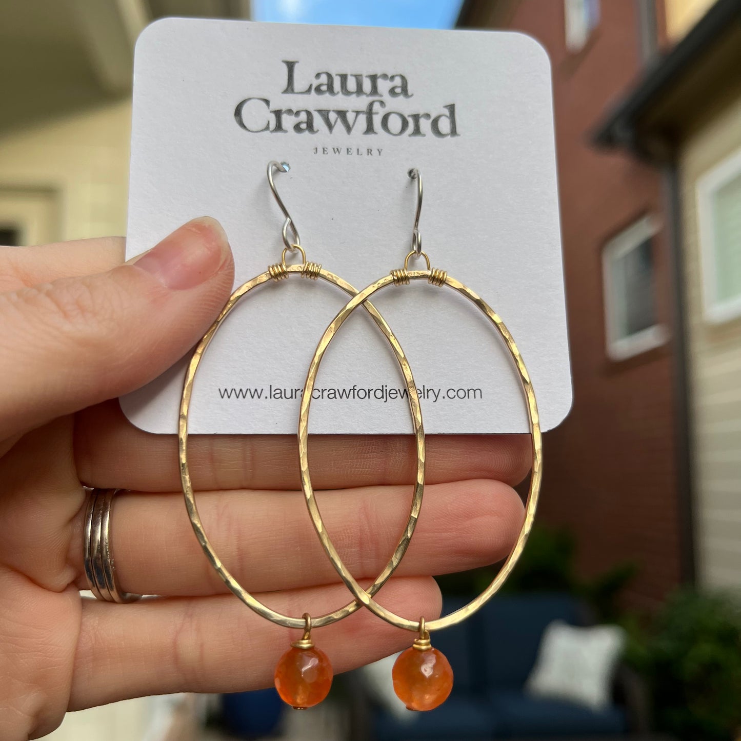 Large Gold Hammered Oval Earrings - Orange