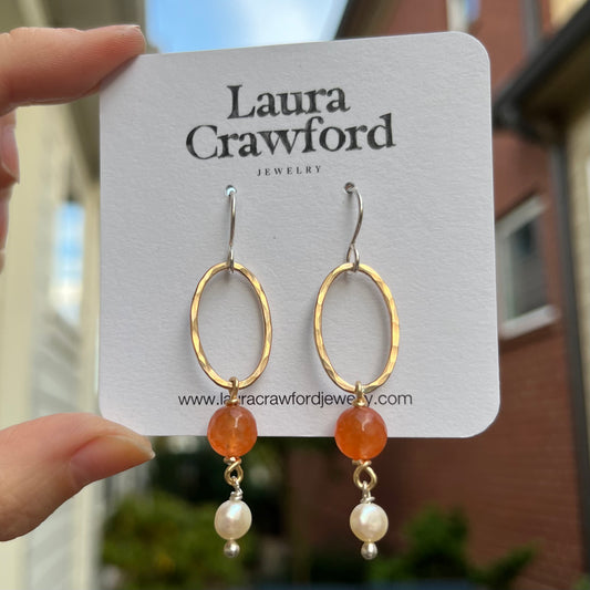 Gold Hammered Oval Earrings - Orange & Pearl