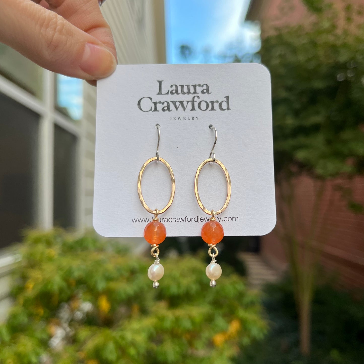 Gold Hammered Oval Earrings - Orange & Pearl