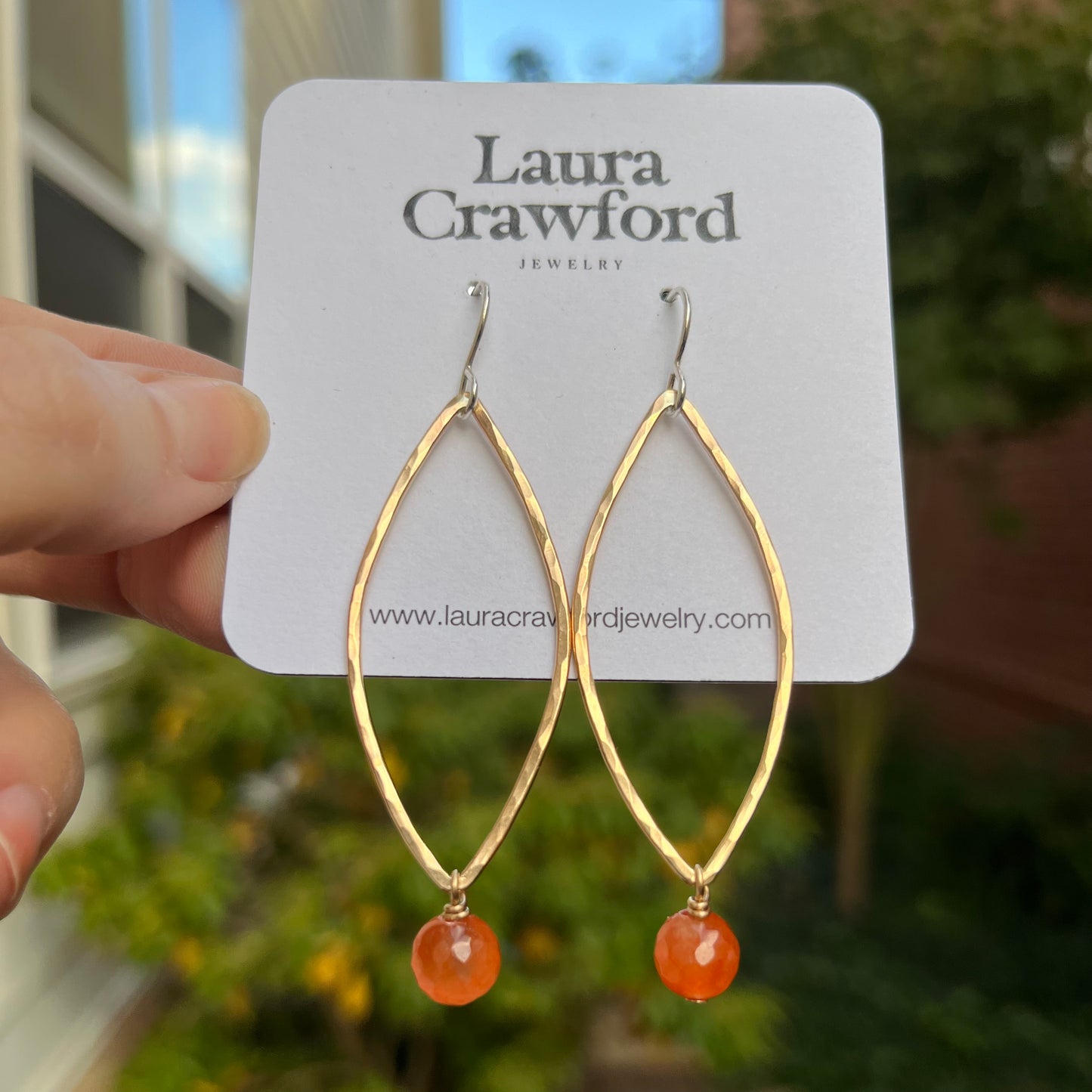 Gold Hammered Leaf Earrings -Orange