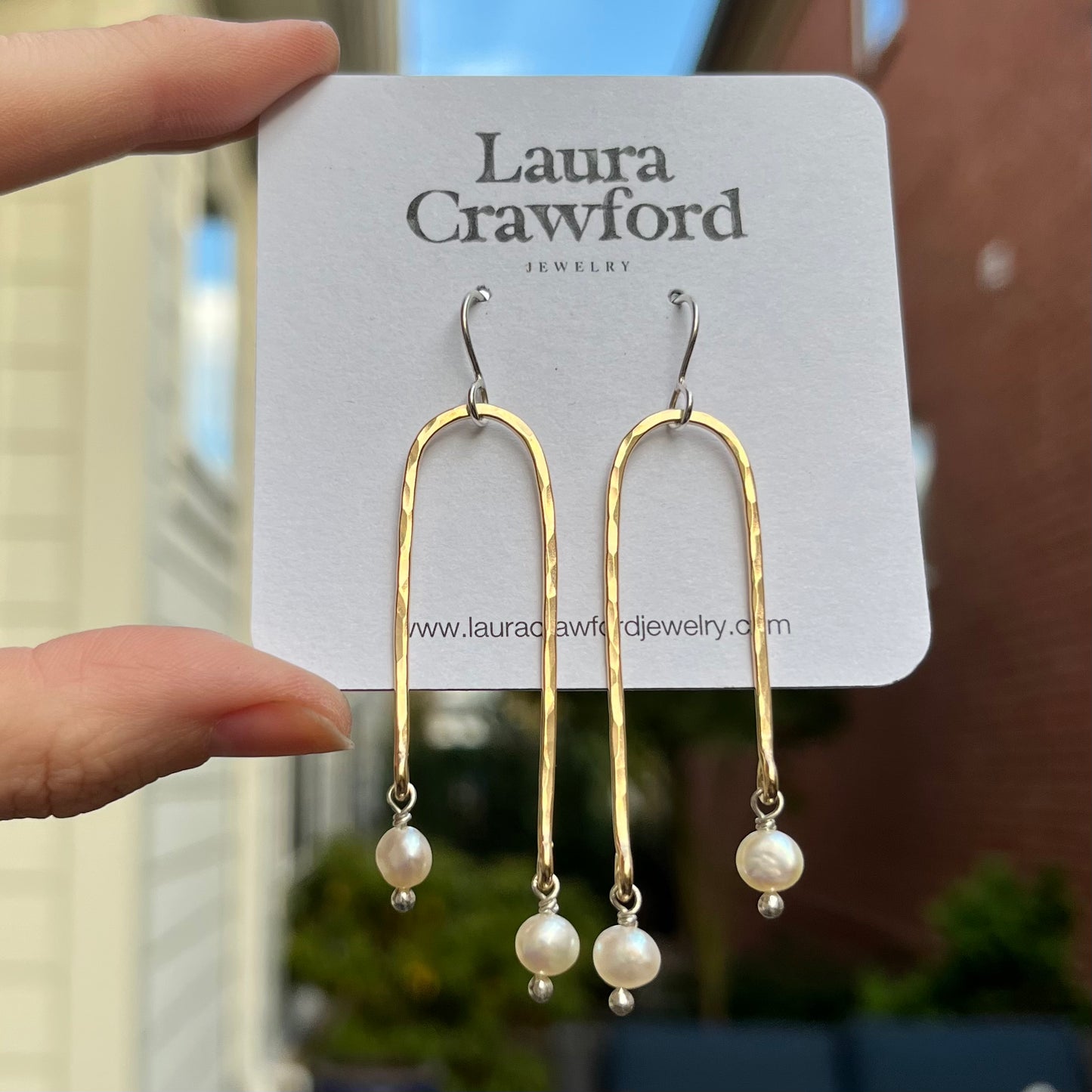 Gold Hammered Waterfall Earrings - Pearl