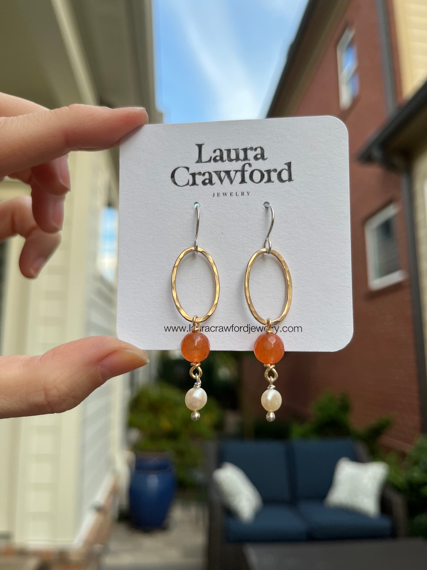 Gold Hammered Oval Earrings - Orange & Pearl