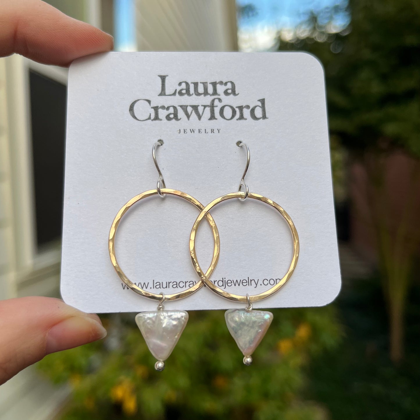 Gold Hammered Hoops - Triangle Pearl