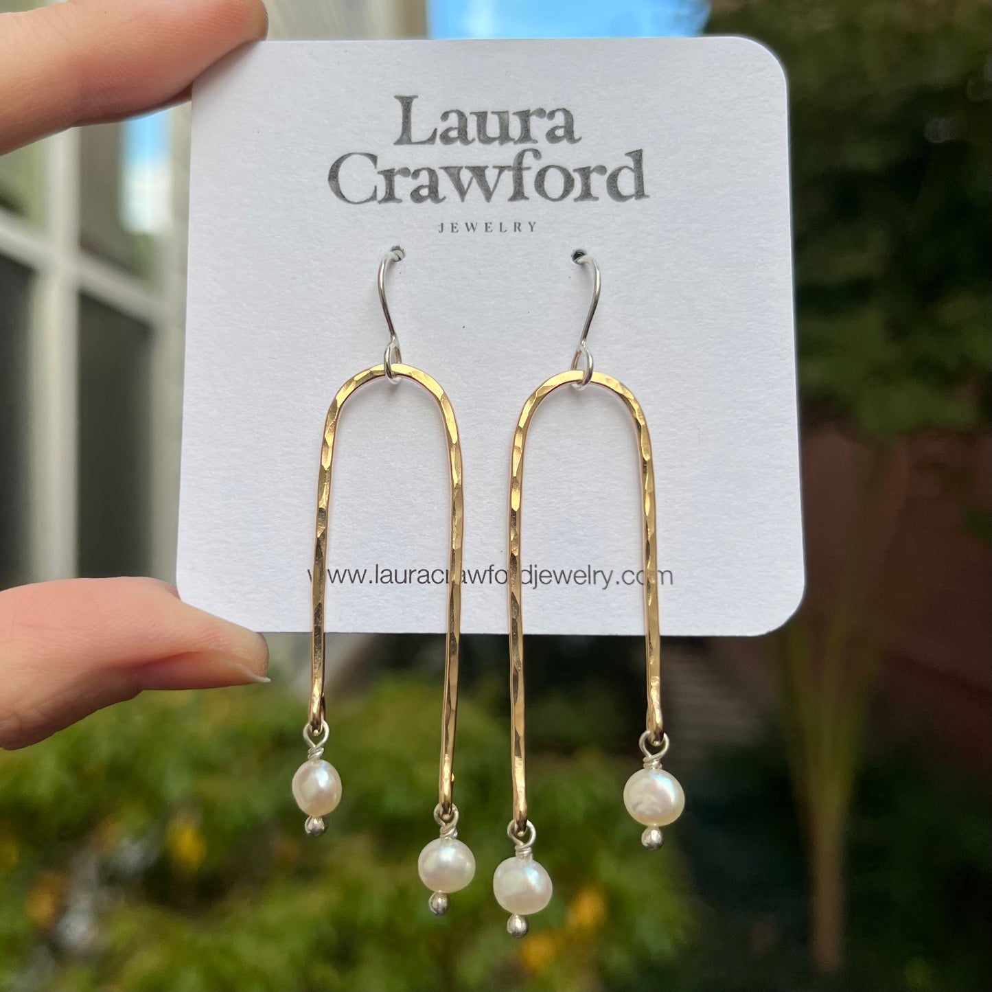 Gold Hammered Waterfall Earrings - Pearl