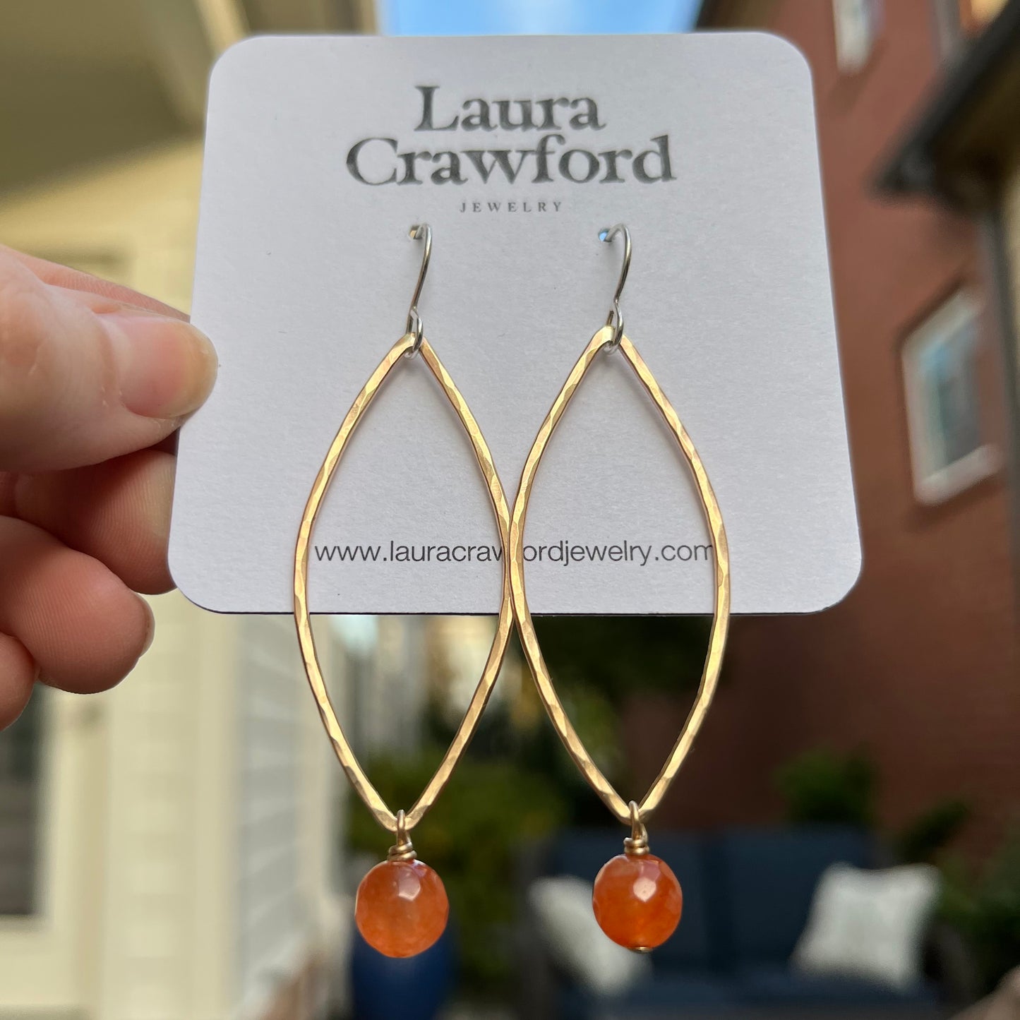 Gold Hammered Leaf Earrings -Orange